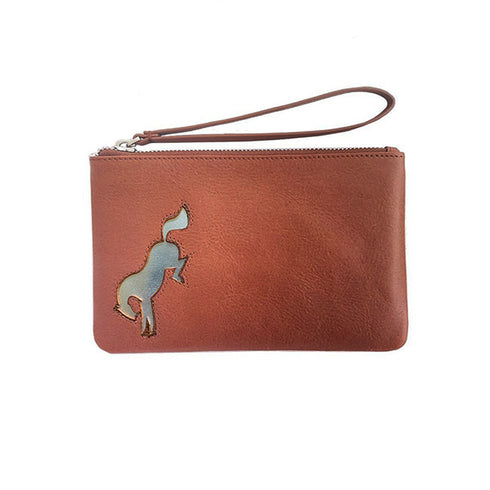 Small Leather Pouch with Bucking Horse - Brown & Silver